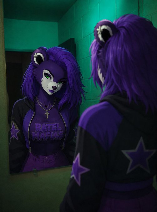 A purple anthropomorphic character with bear ears looks into a mirror in a green-lit bathroom, wearing a jacket with "RATEL MAFIAS" text, stars, and a cross necklace.