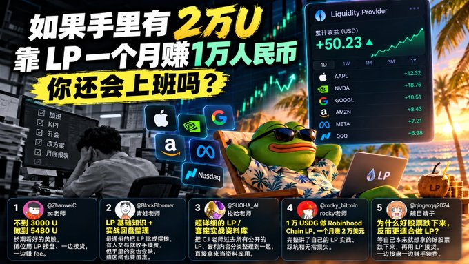 The image is a promotional graphic in Chinese with the headline "如果手里有 2 万 U，靠 LP 一个月赚 1 万人民币，你还会上班吗？" (If you have 20,000 USDT and can earn 10,000 RMB a month through LP, would you still go to work?), featuring a Pepe the Frog meme relaxing on a beach alongside a "Liquidity Provider" dashboard showing +50.23 USD returns and tech stock tickers (AAPL, NVDA, GOOGL, AMZN, META). The bottom showcases five Twitter/X testimonials from crypto influencers like @zhanweiC and @BlockBloomer discussing LP profit strategies, directly supporting the post's theme of promoting US stock liquidity provider earnings as a lucrative alternative to traditional employment.