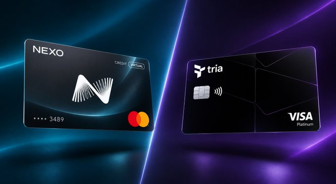 The image shows two crypto cards side by side: the black Nexo credit card (ending in 3489) on the left with a Mastercard logo, and the dark Tria Visa Platinum card on the right featuring a contactless chip, visually contrasting a CEX-backed card against an independent crypto card option as discussed in the comparison post.