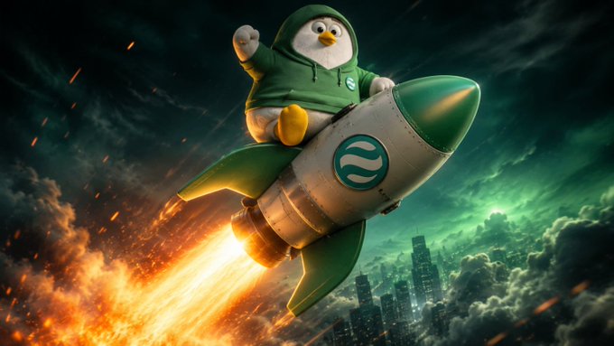 Cartoonish 3D render of a penguin wearing a green hoodie riding a green rocket emblazoned with the Sui logo, soaring above a city skyline with fiery exhaust.