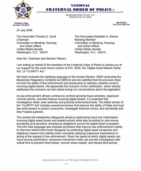 A letter dated July 24, 2026, from the National Fraternal Order of Police (logo visible) supports the revised CLARITY Act, addressed to Chairman Timothy E. Scott and Ranking Member Elizabeth A. Warren of the U.S. Senate Banking Committee.