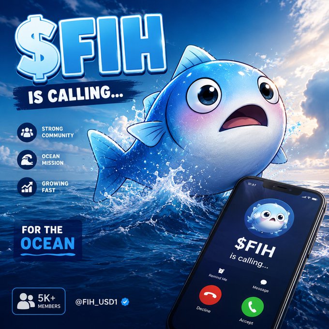 The image features a blue fish with a surprised expression, floating above a phone that displays "$FIH" along with a phone number. The background of the image is a picture of an ocean scene. The text in the image includes the phrase "For the Ocean", which suggests that the post might be related to environmental or marine-related topics.