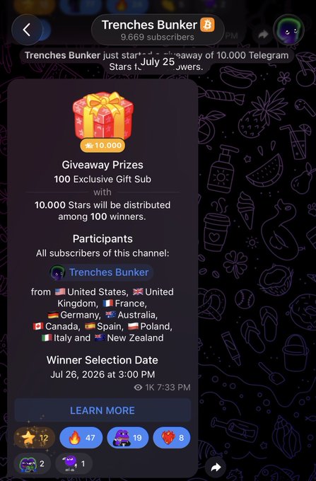 A screenshot of a Telegram giveaway announcement for the "Trenches Bunker" channel, which has 9,669 subscribers, offering 100 Exclusive Gift Subs as prizes to be distributed among 100 winners from multiple countries, with a winner selection date of July 26, 2026 at 3:00 PM. This relates to the accompanying post as it shows the type of crypto/trading channel promotion where users are encouraged to join for exclusive TA and trade setups.