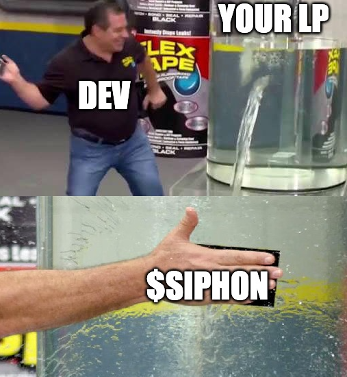A three-panel meme showing a 'DEV' pumping Flex Tape, liquid pouring out labeled 'YOUR LP', and a hand labeled '$IPHON' siphoning the liquid, depicting developers extracting liquidity from a token.