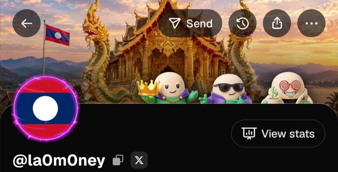 A Snapchat-style profile card for '@la0m0ney' featuring a Laos flag avatar, set against a background of an ornate golden temple and three cartoonish emojis (crown, sunglasses, and dizzy face).