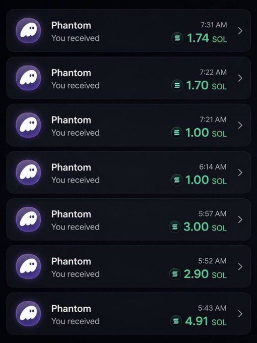 A list of cryptocurrency transaction notifications from Phantom wallet showing received SOL amounts (1.74, 1.70, 1.00, 1.00, 3.00, 2.90, and 4.91 SOL) with timestamps ranging from 5:43 AM to 7:31 AM.