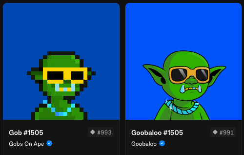 The image shows two green goblin-style NFT characters, "Gob #1505" (#993, "Gobs On Ape") and "Goobaloo #1505" (#991, "Goobaloo"), both wearing sunglasses against blue backgrounds—visually representing the "Gob and Goob reunited" reunion of the matching #1505 variants from two different collections.