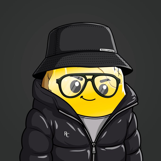An NFT-style cartoon illustration of a yellow smiley face character wearing glasses, a black bucket hat labeled 'ROCK CAPITAL', and a black puffer jacket with 'Rc' logo.