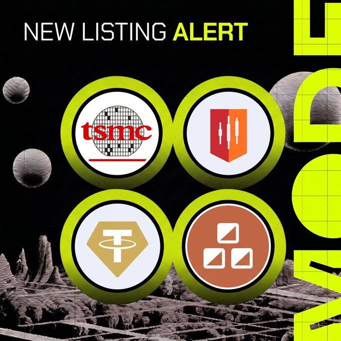A graphic with a black background featuring four circular icons displaying the logos of TSMC, SNXX, Tether, and a copper symbol, accompanied by the text "NEW LISTING ALERT" and decorative planetary graphics, announcing the availability of these new trading pairs.