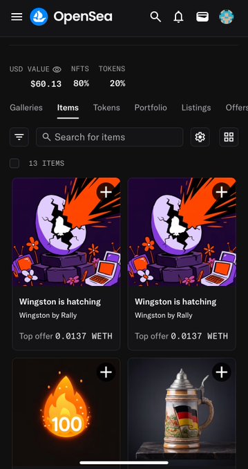 An OpenSea mobile app screenshot showing an NFT collection with a portfolio value of $60.13, featuring items titled 'Wingston is hatching' by Rally and other collectibles.