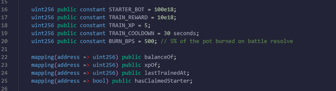 Solidity smart contract code defining constants like STARTER_BOT and TRAIN_REWARD with mappings for balances and XP.