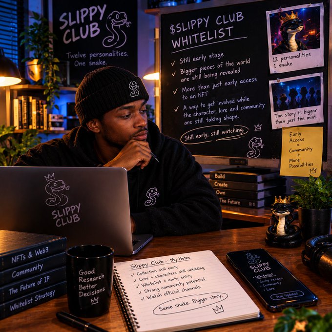 A man wearing a beanie works on a laptop branded with a snake logo and 'SLIPPY CLUB' text. Behind him is a chalkboard outlining the '$SLIPPY CLUB WHITELIST' benefits and notes a '12 personalities, 1 snake' concept, with sticky notes reading 'Early Access Community + More Possibilities'.
