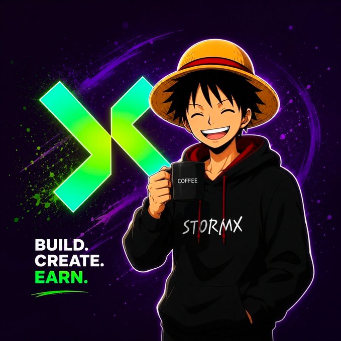 An anime-style illustration of a smiling character wearing a straw hat and a black 'STORMX' hoodie while holding a 'COFFEE' mug, set against a purple background with green arrows and the text 'BUILD. CREATE. EARN.'