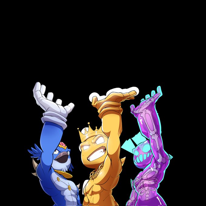 An illustration of three cartoon characters with raised hands against a black background: a blue cat-like figure, a yellow figure wearing a crown, and a purple robot.