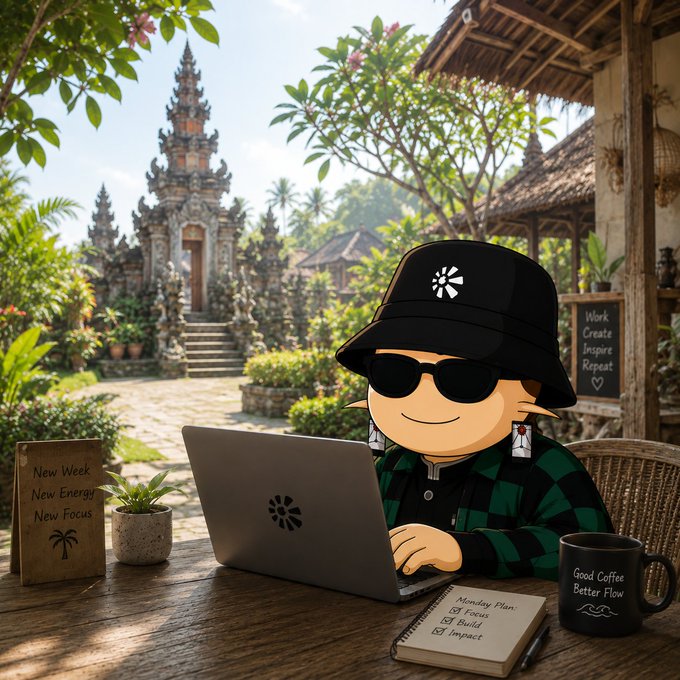 A cartoon character wearing a black bucket hat and sunglasses works on a laptop in a serene Balinese temple setting, surrounded by motivational items including a "New Week, New Energy, New Focus" sign, a "Monday Plan" checklist, a "Good Coffee, Better Flow" mug, and a "Work, Create, Inspire, Repeat" chalkboard. The image visually reinforces the post's message about seeking Web3 connections before Coinfest, showing how focused preparation and networking (symbolized by the laptop workspace) can spark new opportunities through simple outreach efforts.