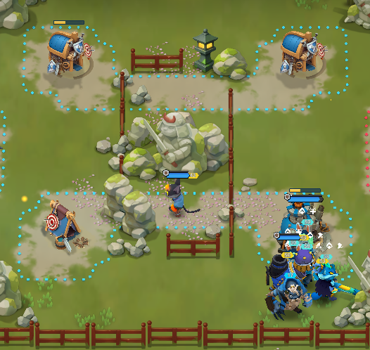 A top-down view of a mobile strategy game showing characters, archers, and a lion statue within fenced areas on a grassy battlefield with rock formations.