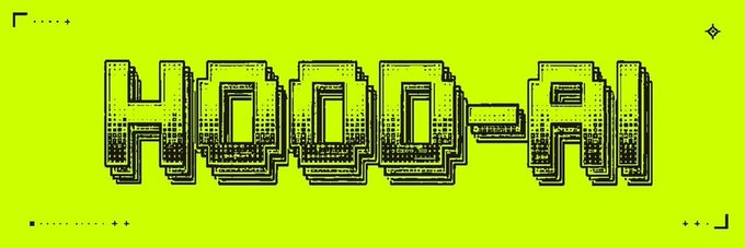 A bright neon-yellow graphic featuring the word 'HOOD-AI' in a stylized, pixelated, 3D black block-letter font with small diamond accents.