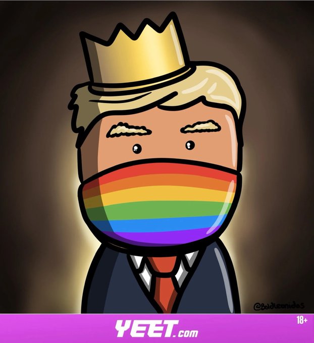 A cartoon king wearing a rainbow-striped face mask appears on the YEET.com banner, with the accompanying post highlighting market data and crypto prices including BTC at 78,562 and SOL at 103, while promoting the "Yeet" brand alongside financial content.