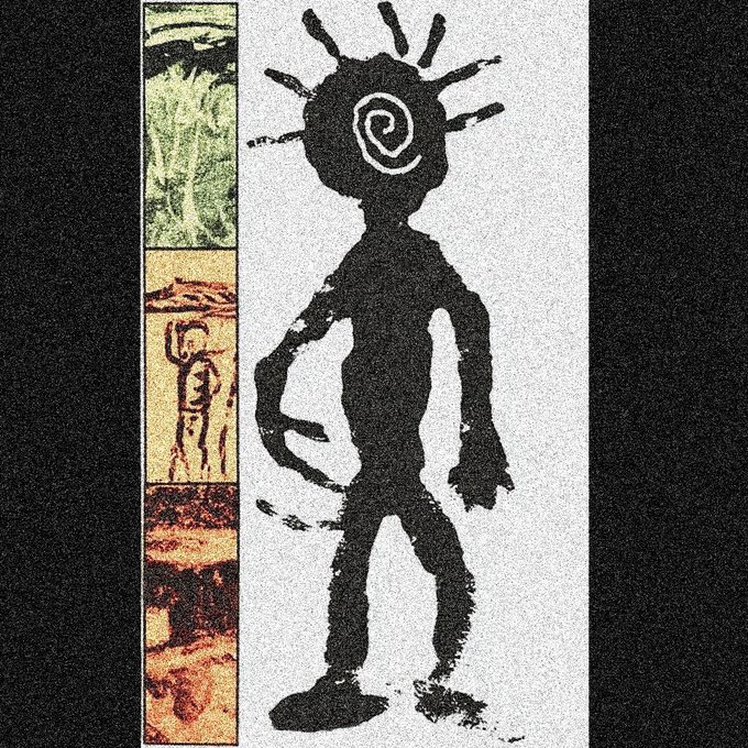 A stylized black figure with a spiral design and radiating lines on its head, shown alongside three vertically stacked textured panels in green, orange, and reddish-brown tones.