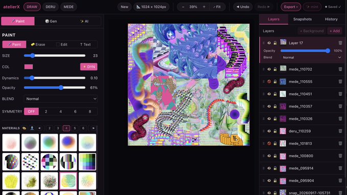 A screenshot of the AtelierX digital art interface showing a complex abstract digital artwork in the canvas, with paint tools, materials, and layer panels visible on the sides.