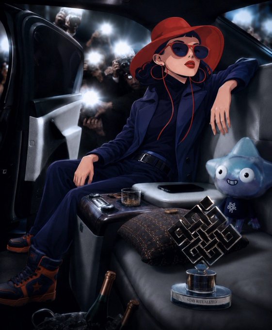 A stylized digital illustration of a fashionable character in a red hat, sunglasses, and navy suit sitting in a vehicle seat, accompanied by a small blue creature, with a trophy labeled 'STAY RITUALIZED' and a Louis Vuitton patterned pillow nearby.