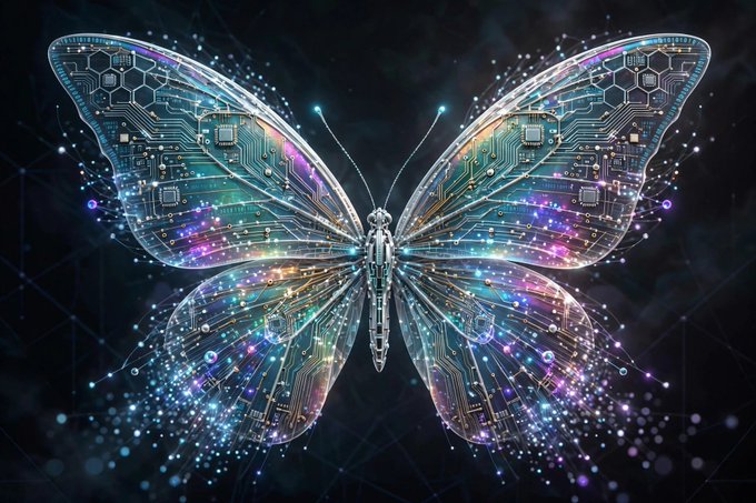 A digital art piece featuring a butterfly with translucent wings made of glowing, colorful circuit board patterns on a dark background.