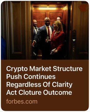 A Forbes article thumbnail showing politicians in a doorway with the headline 'Crypto Market Structure Push Continues Regardless Of Clarity Act Cloture Outcome' from forbes.com.