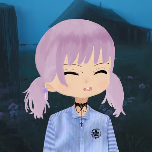 An anime-style character with pink hair in pigtails smiles with closed eyes, wearing a blue striped shirt and a black choker, set against a dark, moody background with a house silhouette.