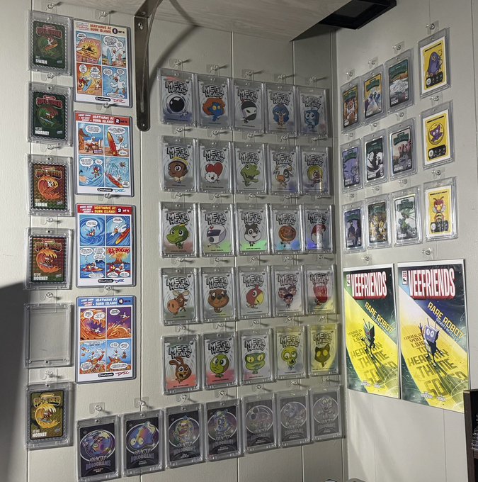 A display case filled with multiple rows of NFT collectible cards from the 'Hedz' series, alongside 'VeeFriends' comic-style trading cards on the right side.