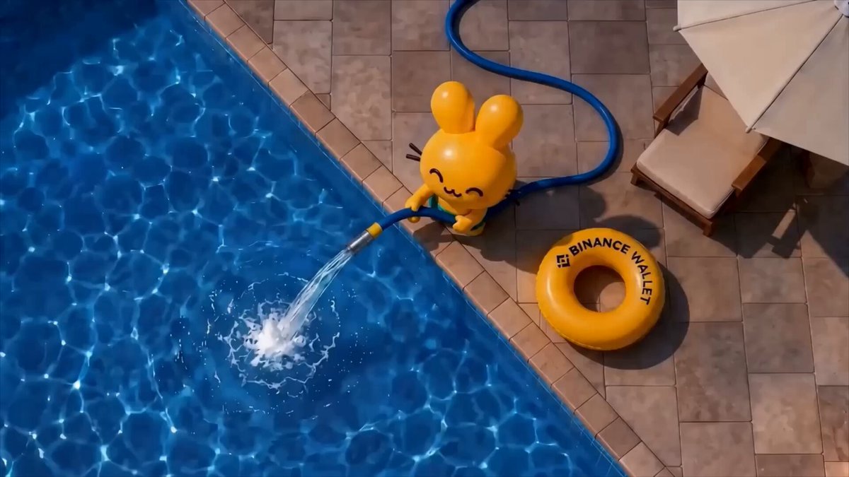The image shows an inflatable pool filled with blue water, next to which there is a hose attached to a yellow inflatable toy that has a smiling face and appears to be watering the pool. An umbrella can also be seen nearby. In addition, two pieces of text are present in the picture - one related to cryptocurrency called @Binance Wallet and another about trading Bitcoin or other digital assets with the help of an app called @PancakeSwap. This image is part of a post promoting cryptocurrency wallets or apps that facilitate trading and managing digital currency. The main focus is on the pool, the hose connected to the toy, and the umbrella providing shade.