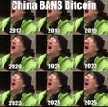 In this image, a person is shown making a high-five with their hands together while looking upwards with an intense look of surprise or excitement. The background shows various images of people making similar gestures with their hands up in celebration or shock. Above these images, there's text that says "China BANS bitcom", indicating it's related to Bitcoin or something similar to the Chinese ban on Bitcoin. Below this, the post suggests how to get one's asset statement from a specific exchange and includes a link to a video discussing KYC processes for Bitcoin exchanges like Binance.