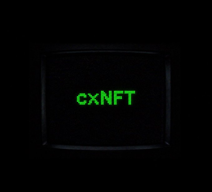 The pixelated green text "cxNFT" glows on the screen of an old CRT monitor against a dark background, visually representing the NFT-focused bonding curve platform mentioned in the post.