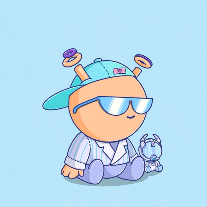 A cute cartoon character wearing a teal cap with a heart patch, blue sunglasses, and a striped jacket, sitting next to a small robot companion against a light blue background.