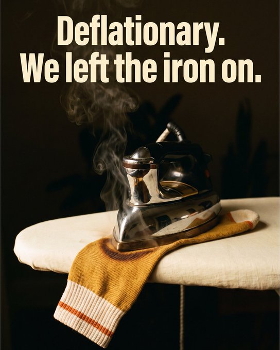 A meme with the text 'Deflationary. We left the iron on.' above an image of a hot iron steaming on an ironing board with a scorched sock.
