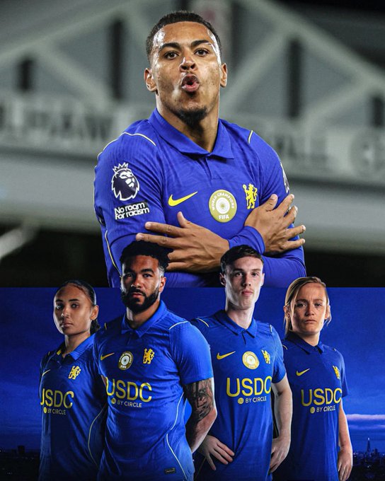 A collage of Chelsea football players in blue uniforms sponsored by USDC by CIRCLE, featuring 'No room for racism' Premier League badge and Nike branding.