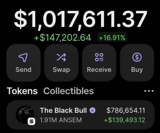 A crypto wallet screen displays a portfolio balance of $1,017,611.37, up $147,202.64 (+16.91%), with the top holding "The Black Bull" token worth $786,654.11 (1.91M ANSEM, +$139,493.12), visually supporting the poster's claim of massive gains from their $ANSEM call.