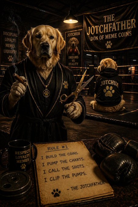 The 'Jotchfather' — a golden retriever in a black robe holding scissors and cigar in a boxing gym, with a sign reading 'Rule #1: I build the coins, I pump the charts, I call the shots, I clip the pumps.'
