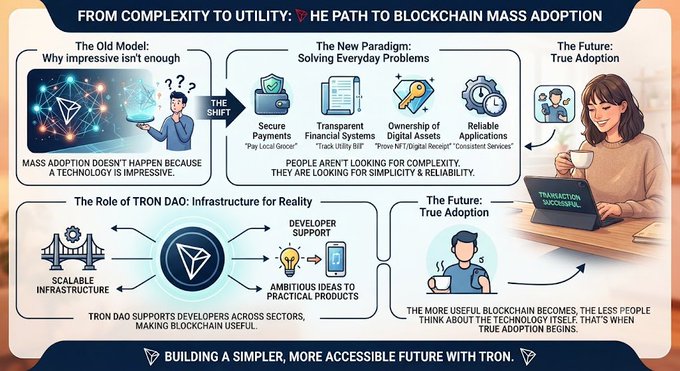 An infographic titled 'From Complexity to Utility: The Path to Blockchain Mass Adoption' explaining TRON DAO's shift from technology-focused to practical everyday uses like payments and digital receipts.
