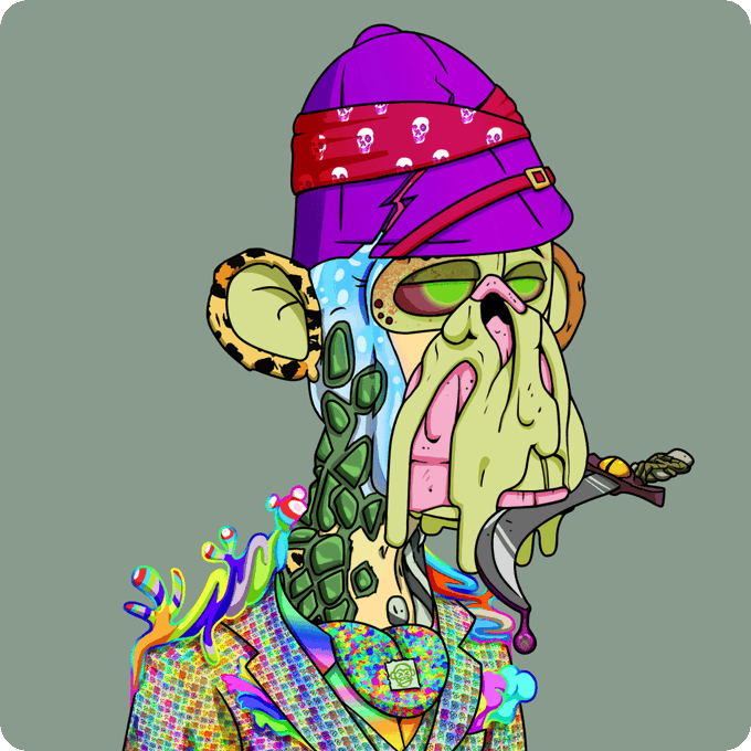 A vibrant, psychedelic digital illustration depicts a grotesque mutant character with green oozing features, exposed teeth, and a purple bandana adorned with white skulls, wearing a flashy patterned suit with a large gemstone collar piece. The artwork's wild, dripping aesthetic and "happy mutant" theme perfectly complement the "Gm Happy Mutant Monday" greeting, embodying a chaotic and grotesque celebration of mutation culture.