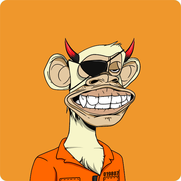 The image features a cartoon monkey wearing an orange shirt, with horns and glasses that give him a unique appearance. The monkey appears to be smiling, giving off a happy vibe. The background of the image is orange, which contrasts nicely with the white fur on the monkey's body. There are no texts or other objects in the image, making it a simple and straightforward depiction of the cartoon character.