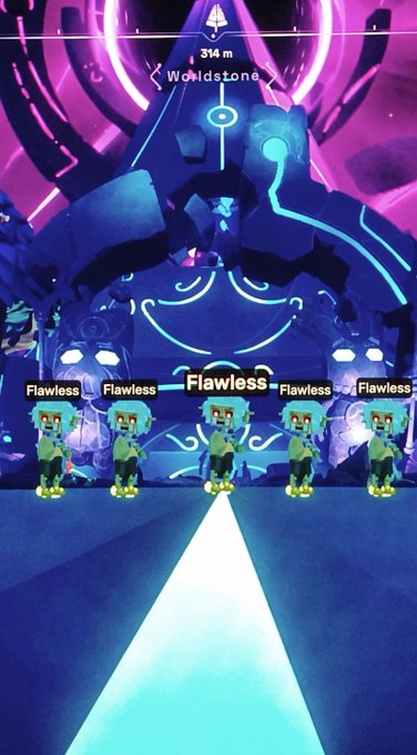 Five identical characters, each labeled "Flawless," stand in a row on a glowing pathway beneath a massive structure marked "Worldstone" at "314 m," visually representing the idea of cloning a "boss" character to form a powerful crew.