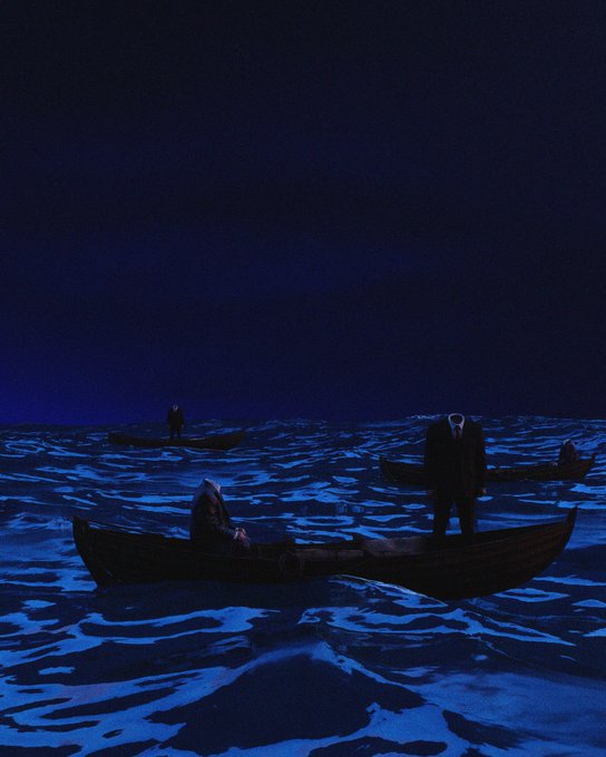 Bathed in deep shades of blue, figures drift in small boats across a dark, choppy sea under an inky night sky, evoking a sense of solitude and quiet mystery.