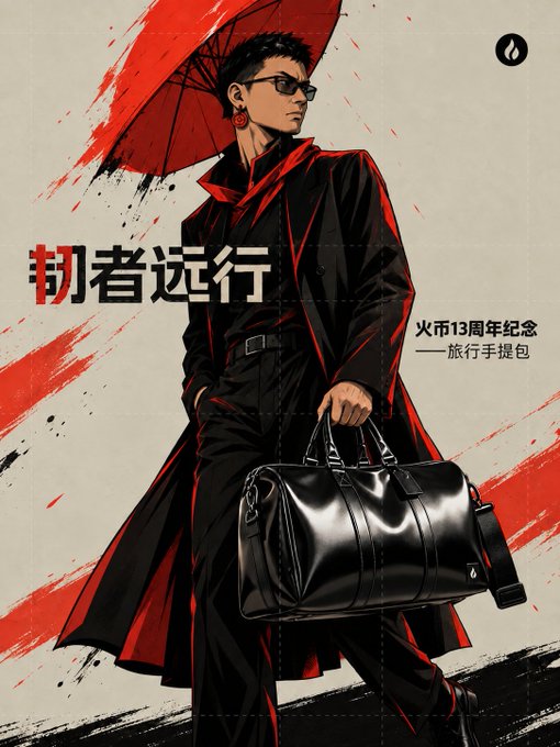 A stylized illustration of a man in a red and black coat holding a red umbrella and a black duffel bag, with Chinese text including '韧者远行' (The resilient travel far).