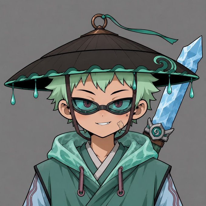An anime-style chibi character with green hair, glasses, a conical hat with teal trim, and a large ice sword on their back smiles against a gray background.