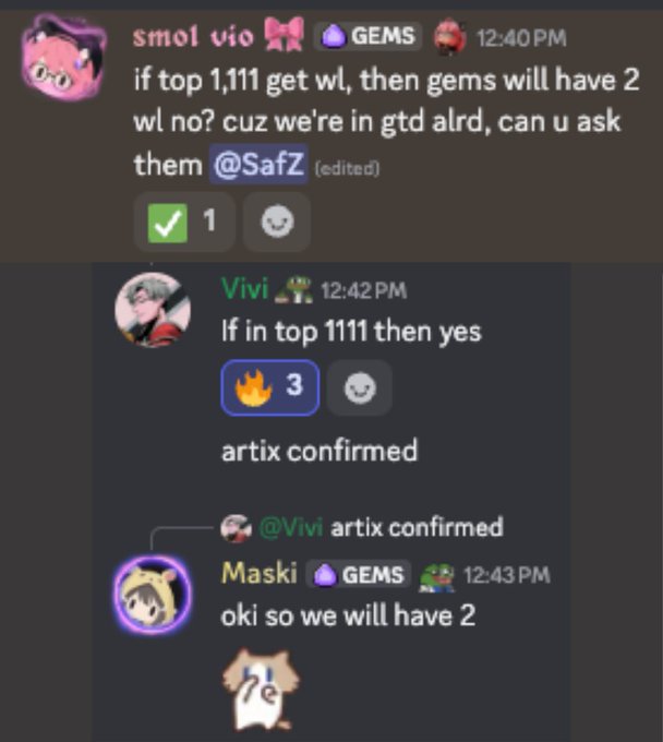 A Discord chat shows smol vio asking about a second win condition for "GEMS," with Vivi confirming "If in top 1111 then yes" with an "artix confirmed" tag, and Maski responding "oki so we will have 2." The image ties to the post's theme of "GEMS" holders discussing competitive positioning, mirroring the announcement of ComputersRh's successful $2.5M market cap performance and early investment returns mentioned in the caption.