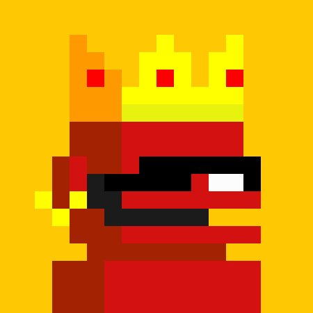 A pixel art image depicting a flame-like character wearing red and brown attire on a yellow background.
