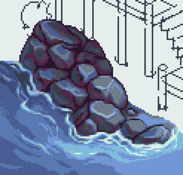 A pixel art illustration depicts a large cluster of gray boulders or a creature made of rocks tumbling down a snowy slope with bare trees in the background.