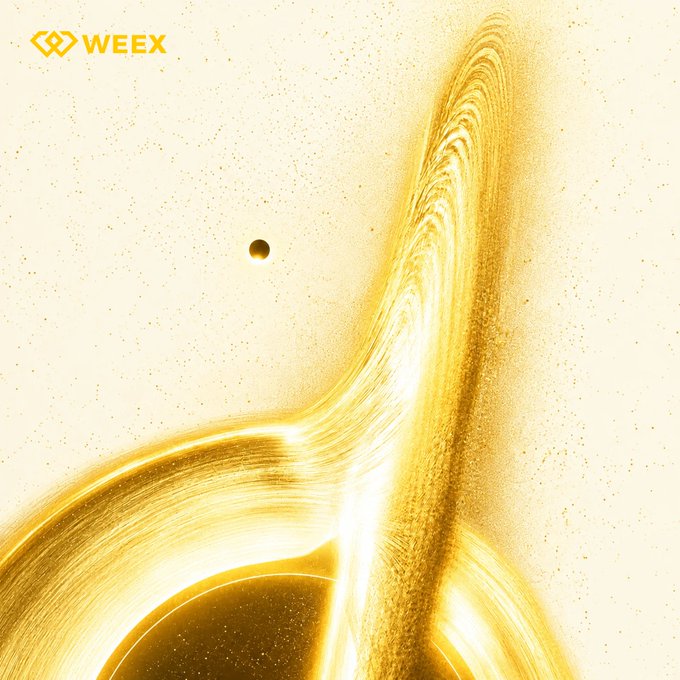 The image features a stylized cosmic scene with swirling golden light streams surrounding a dark planetary body, with the "WEEX" logo displayed in the top-left corner. The abstract, dynamic design paired with the "building..." caption suggests a teaser for an upcoming project or platform development by WEEX.