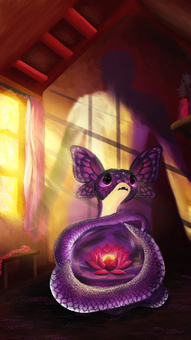 A purple serpentine creature with butterfly-like wings coiled around a glowing pink lotus flower in a dimly lit attic, with a shadowy humanoid figure looming in the background.
