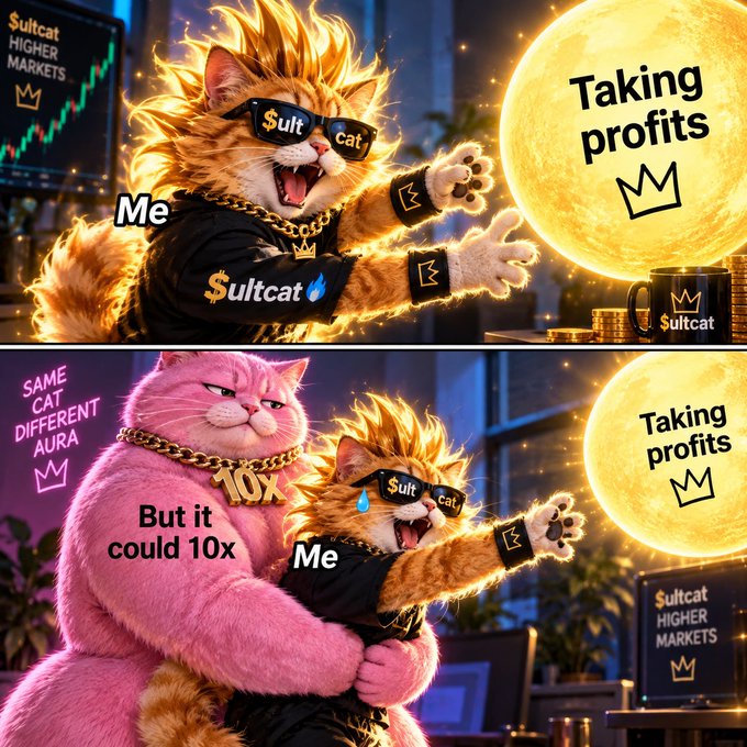 An anime-style meme featuring cats with '$ultcat' sunglasses, showing one cat reaching for 'Taking profits' while another pink cat says 'But it could 10x' - humor about meme stock trading psychology.